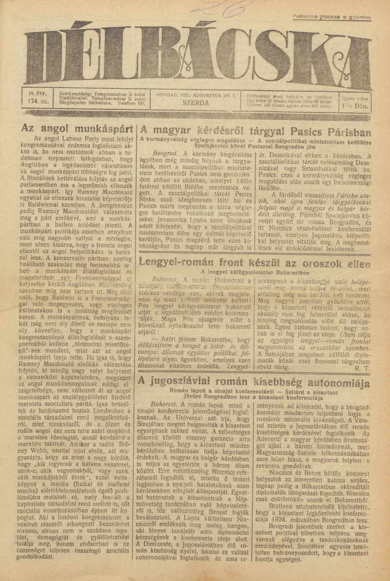Délbácska, 4. évf. 1923. augusztus 1. 174. sz.