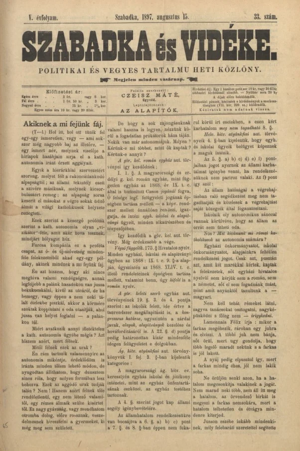 Szabadka és vidéke II, 5. évf. 1897. augusztus 15. 33. sz.