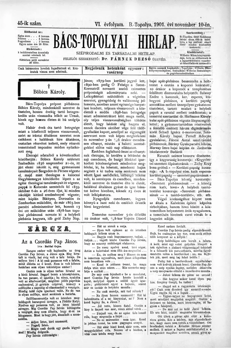 Bács-Topolyai Hirlap, 6. évf. 1901. november 10. 45. sz.
