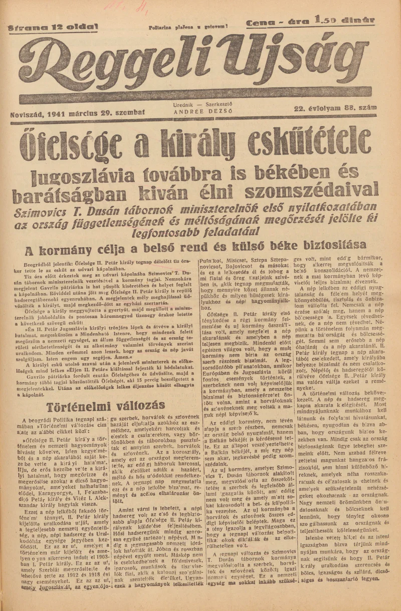Reggeli Újság, 22. évf. 1941. március 29. 88. sz.