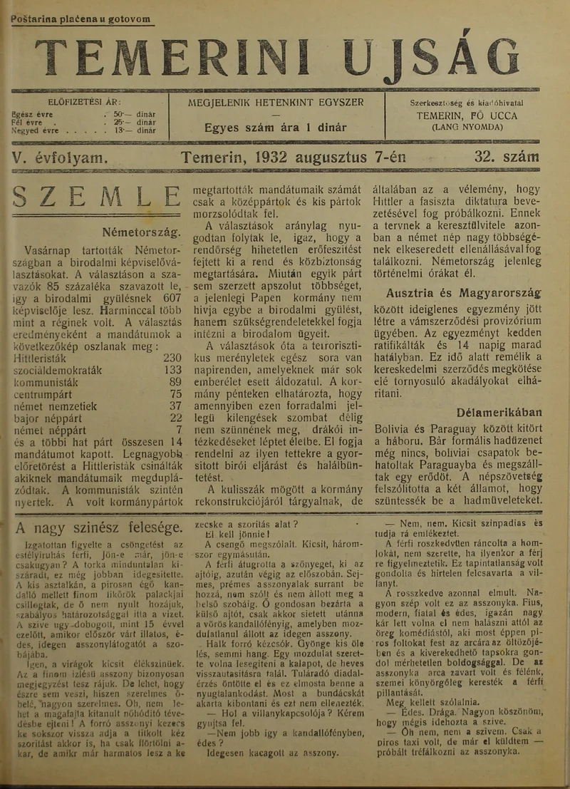 Temerini Újság 1928-1944, 5. évf. 1932. augusztus 7. 32. sz.