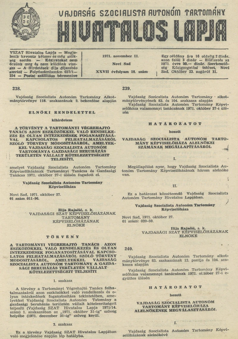 Vajdaság Szocialista Autonóm Tartomány Hivatalos Lapja, 27. évf. 1971. november 11. 18. sz. 333–336. oldal