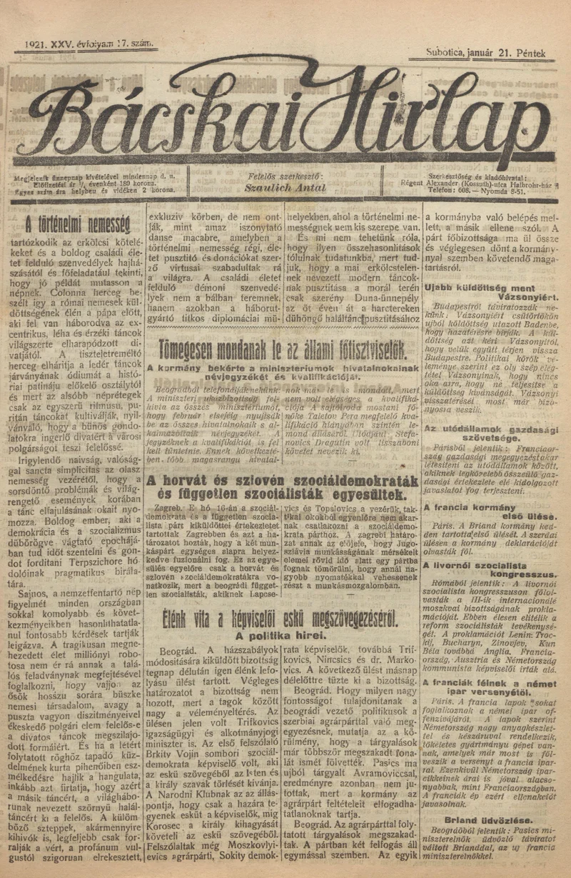 Bácskai Hirlap, 25. évf. 1921. január 21. 17. sz.