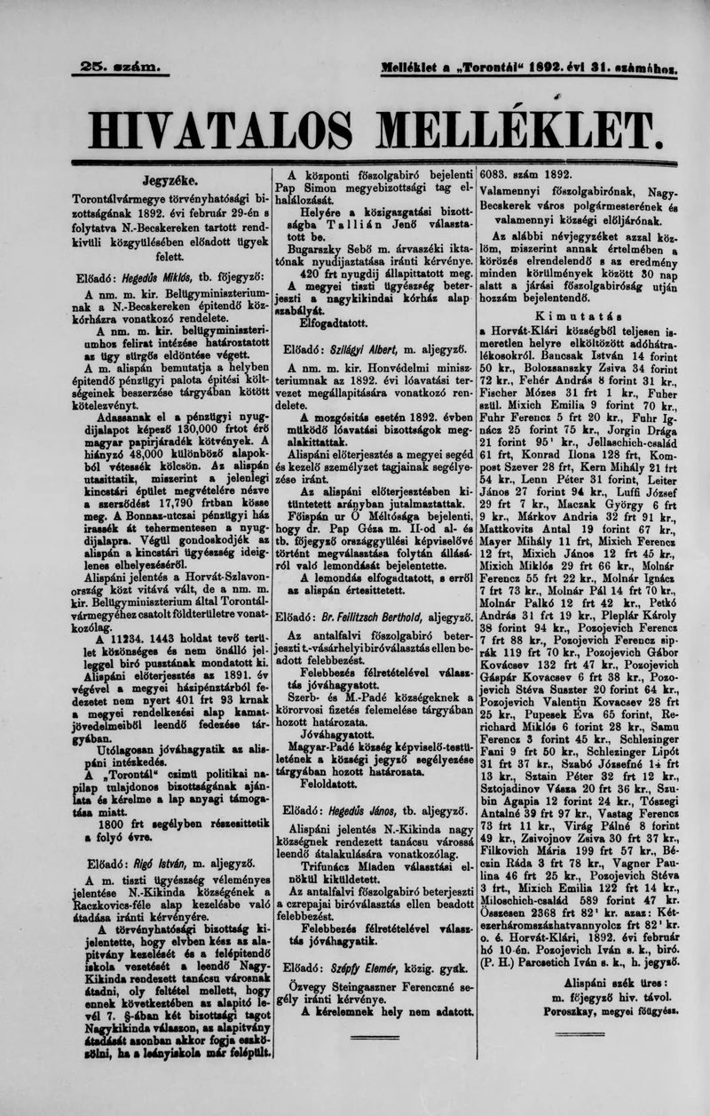 A Totontál  hivatalos melléklete, 5. évf. 1892. március 2. 25. sz.