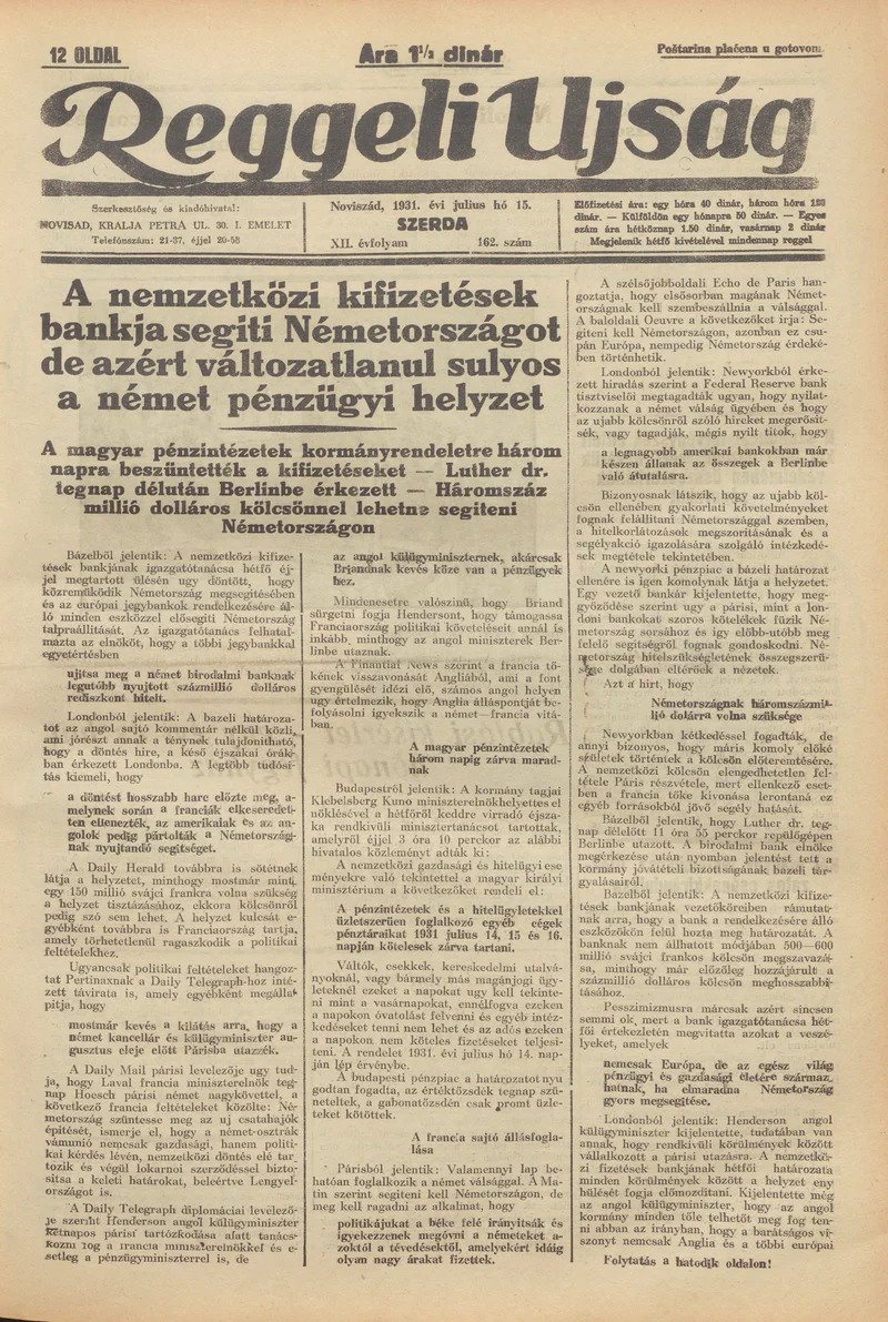 Reggeli Újság, 12. évf. 1931. július 15. 162. sz.