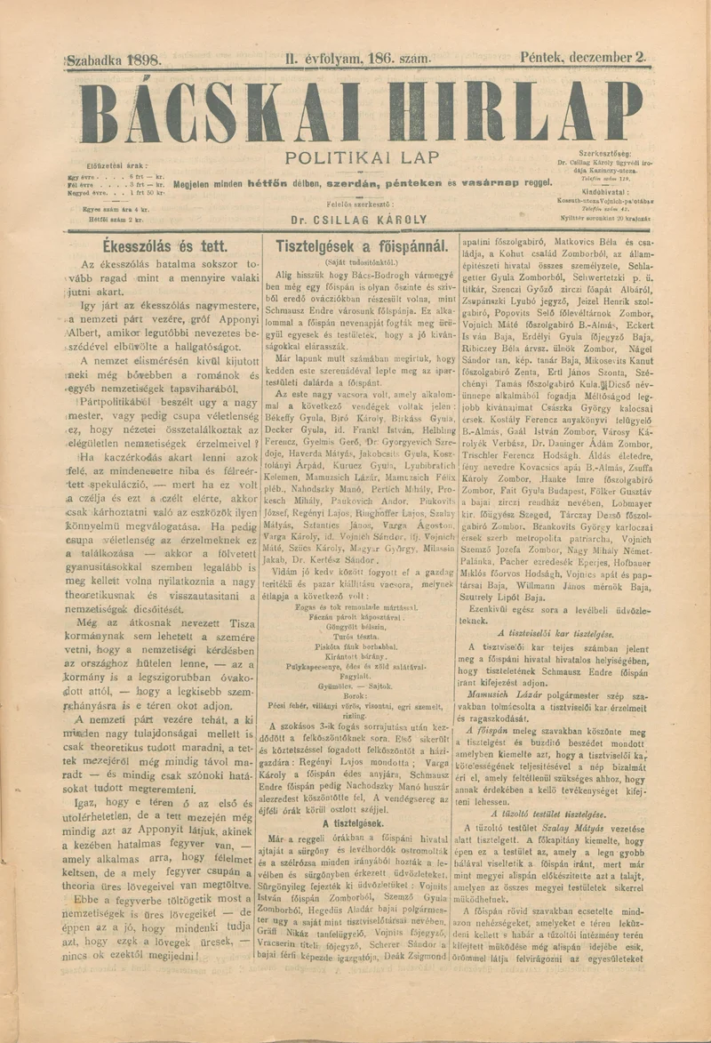 Bácskai Hirlap, 2. évf. 1898. december 2. 186. sz. 1–4. oldal