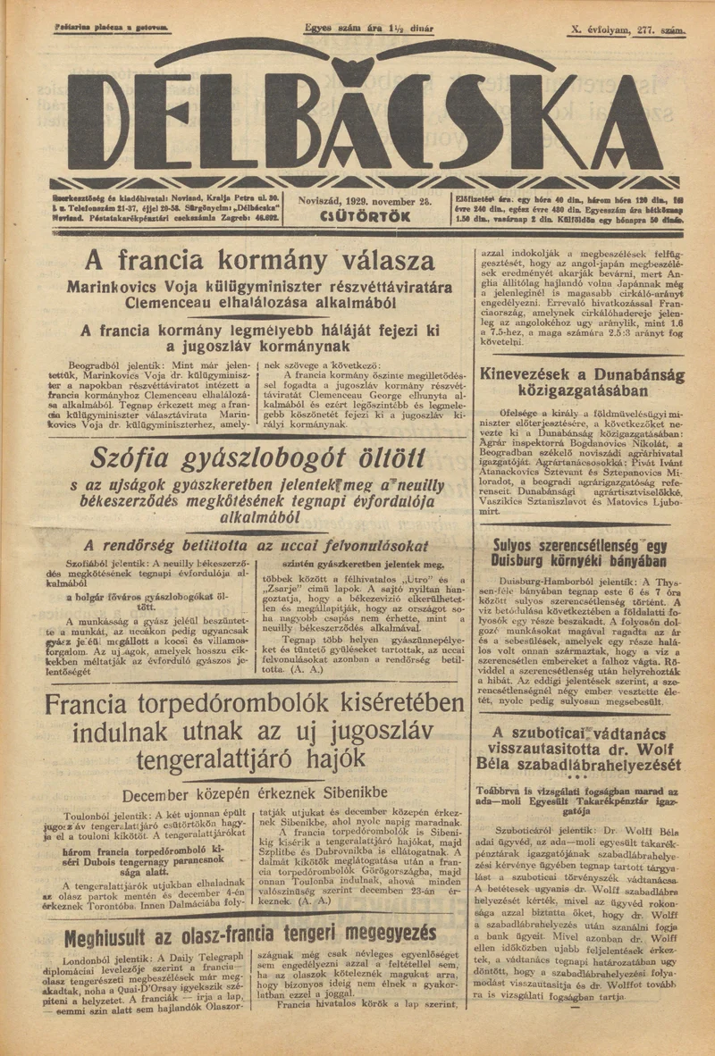 Délbácska, 10. évf. 1929. november 28. 277. sz.