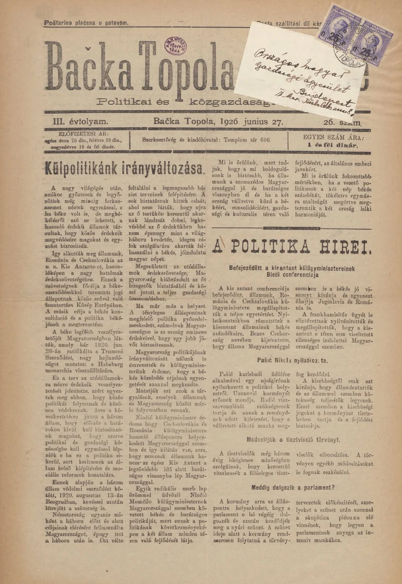 Bačka Topola és Vidéke, 3. évf. 1926. június 27. 26. sz.