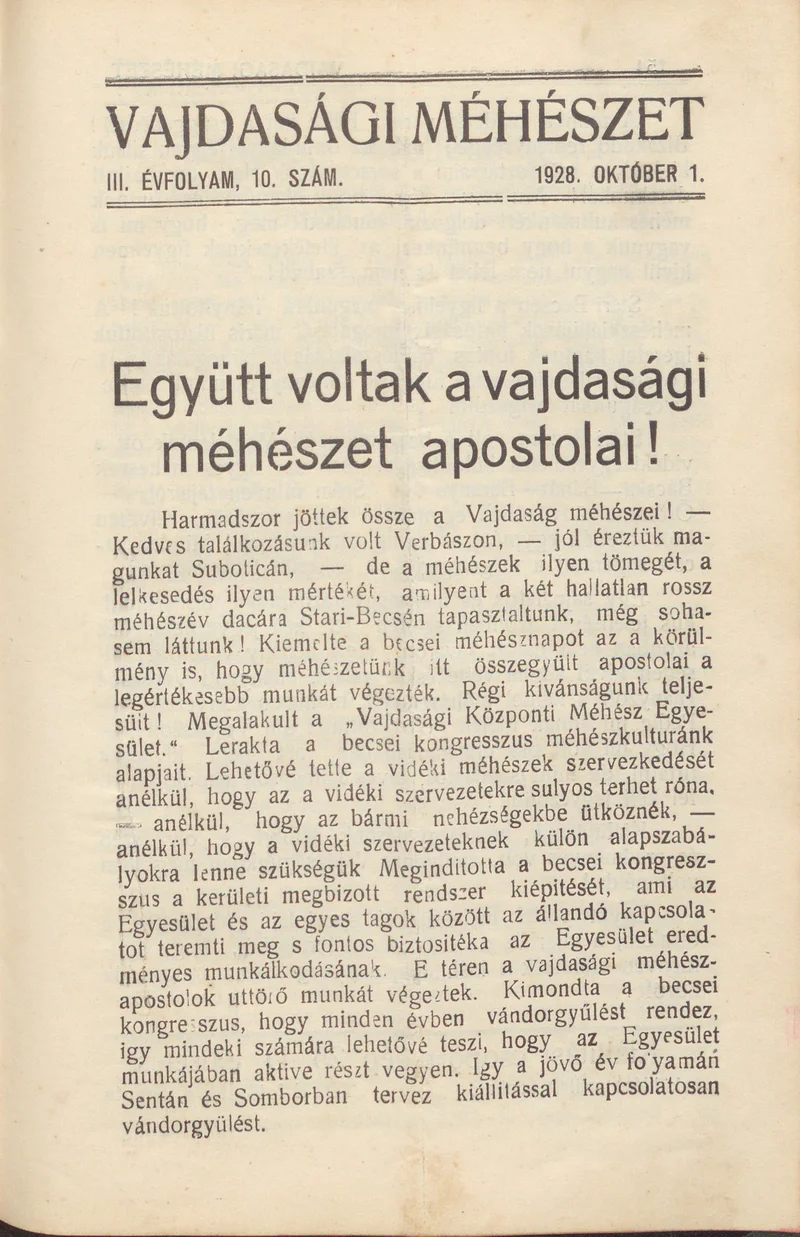 Vajdasági méhészet, 3. évf. 1928. október 1. 10. sz.