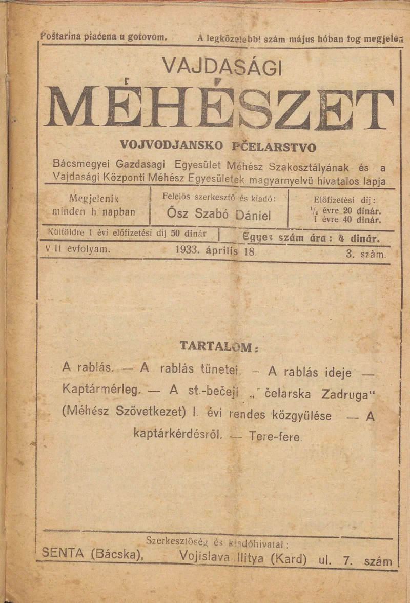 Vajdasági méhészet, 8. évf. 1933. április 18. 3. sz.