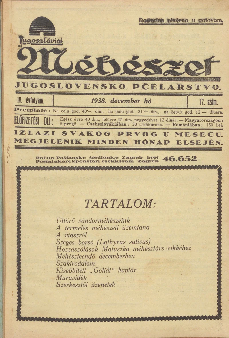 Jugoszláviai méhészet, 4. évf. 1938. december 1. 12. sz.