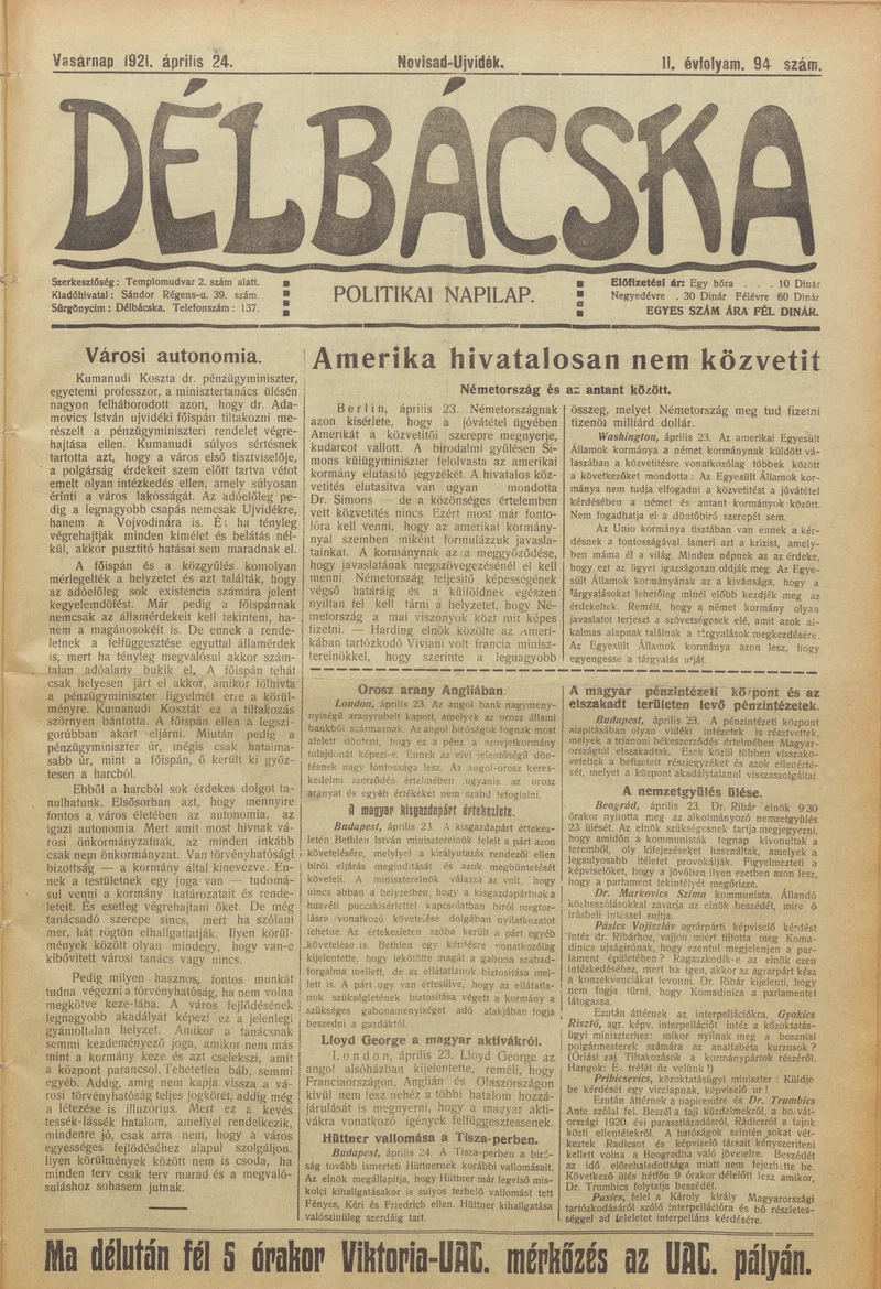 Délbácska, 2. évf. 1921. április 24. 94. sz.