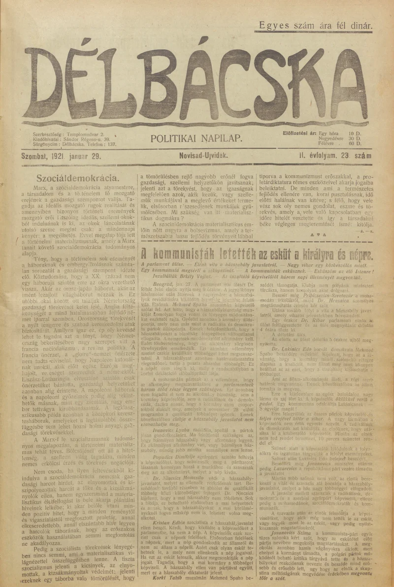 Délbácska, 2. évf. 1921. január 29. 23. sz.