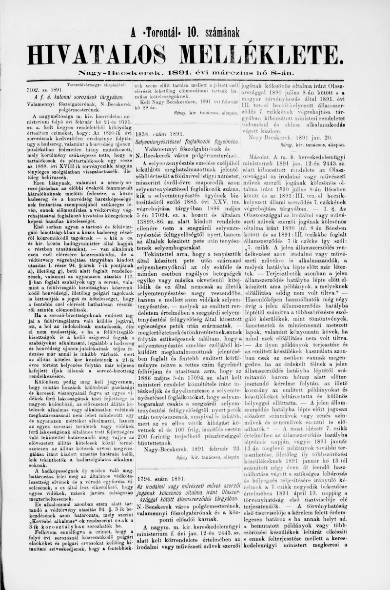 A Totontál  hivatalos melléklete, 4. évf. 1891. március 8. 10. sz.