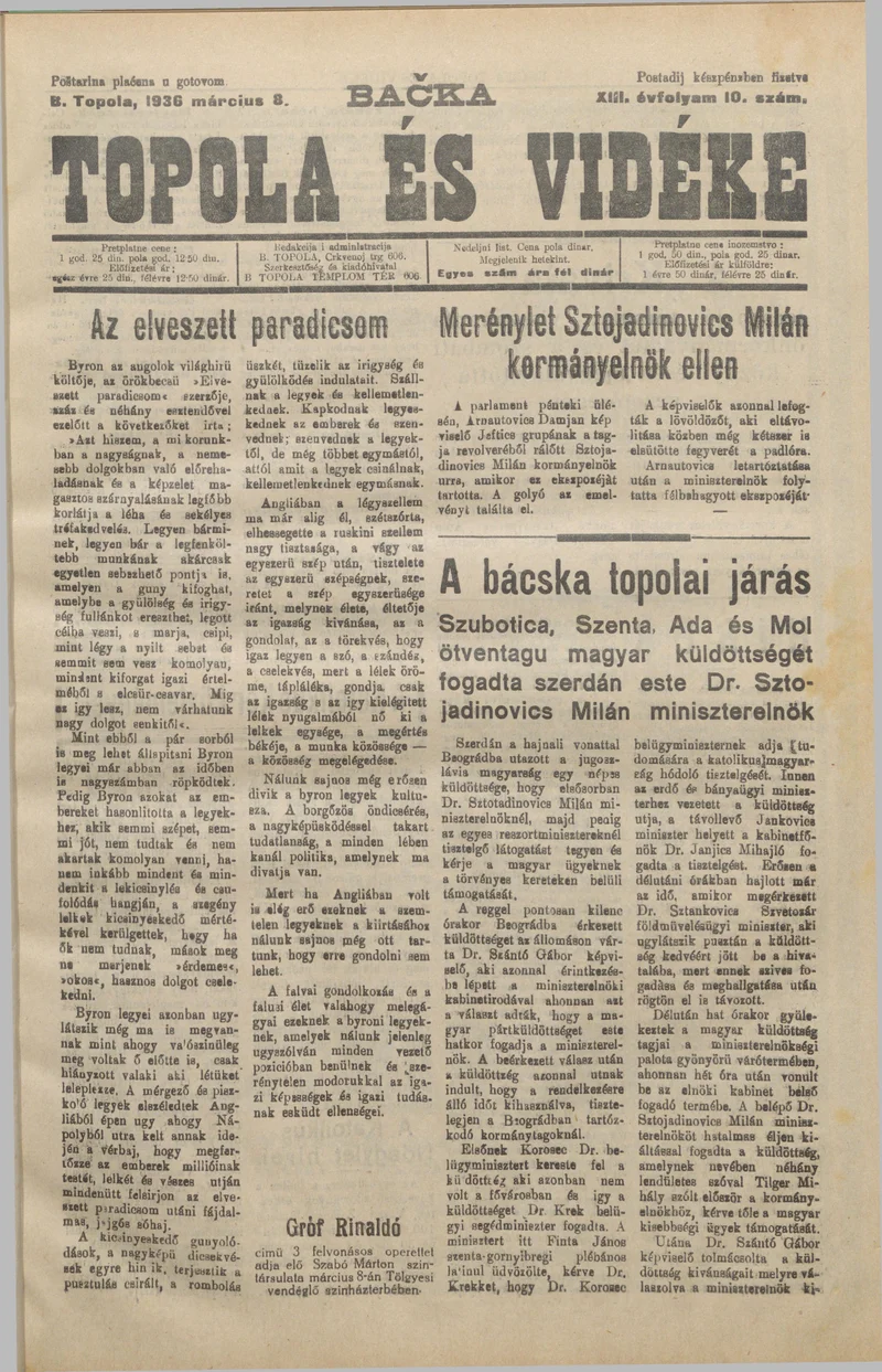 Bačka Topola és Vidéke, 13. évf. 1936. március 8. 10. sz.