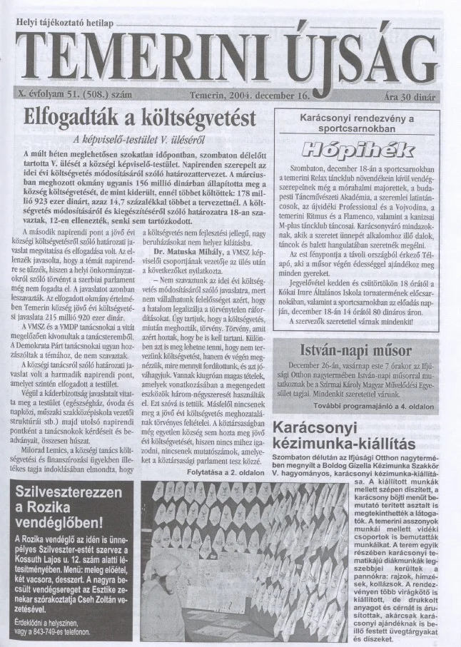 Temerini Újság, 10. évf. 2004. december 16. 51. sz.