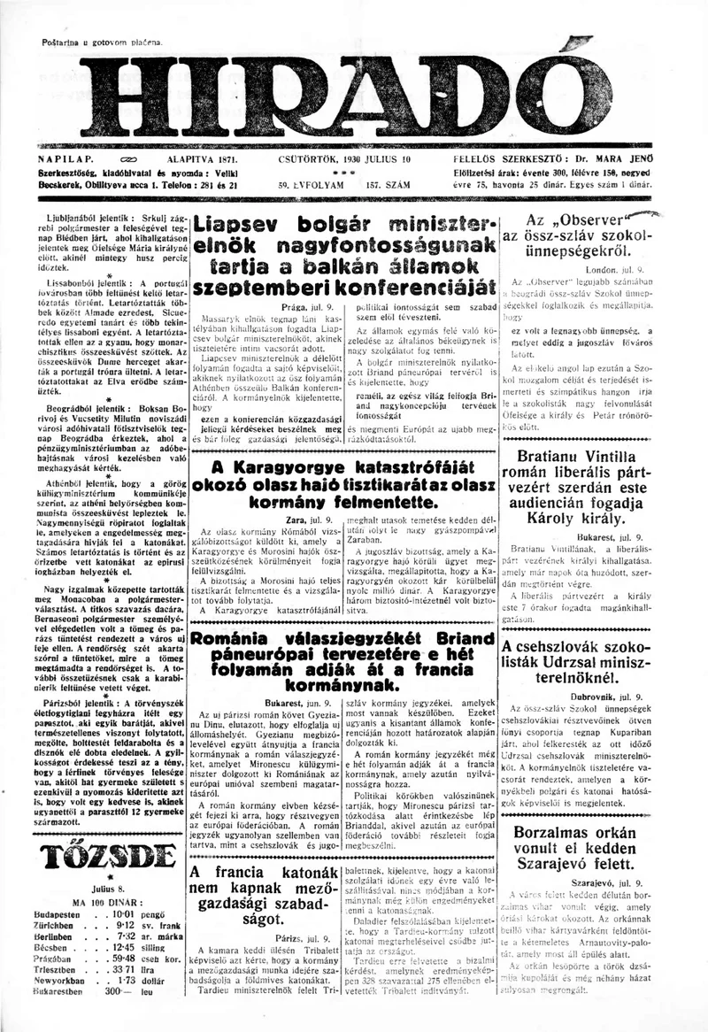 Híradó, 59. évf. 1930. július 10. 157. sz.