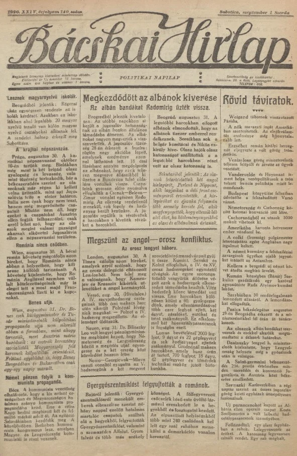 Bácskai Hirlap, 24. évf. 1920. szeptember 1. 140. sz.