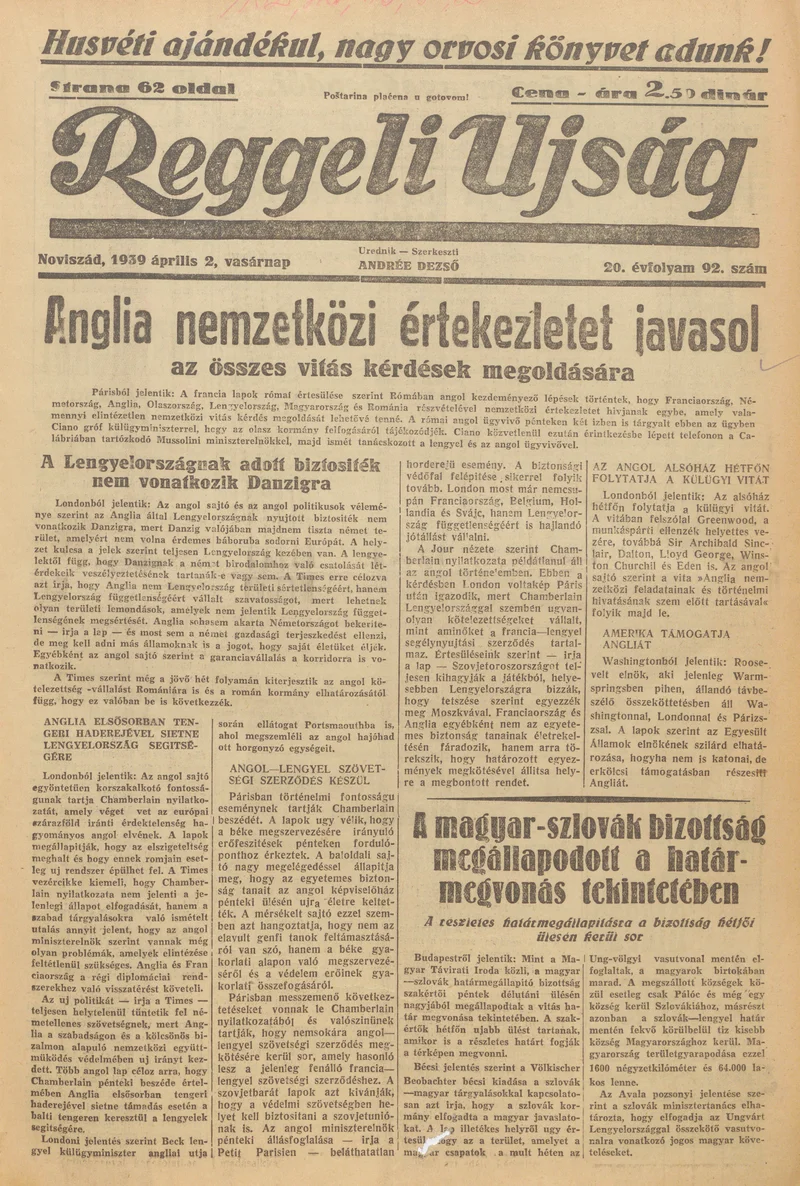 Reggeli Újság, 20. évf. 1939. április 2. 92. sz.