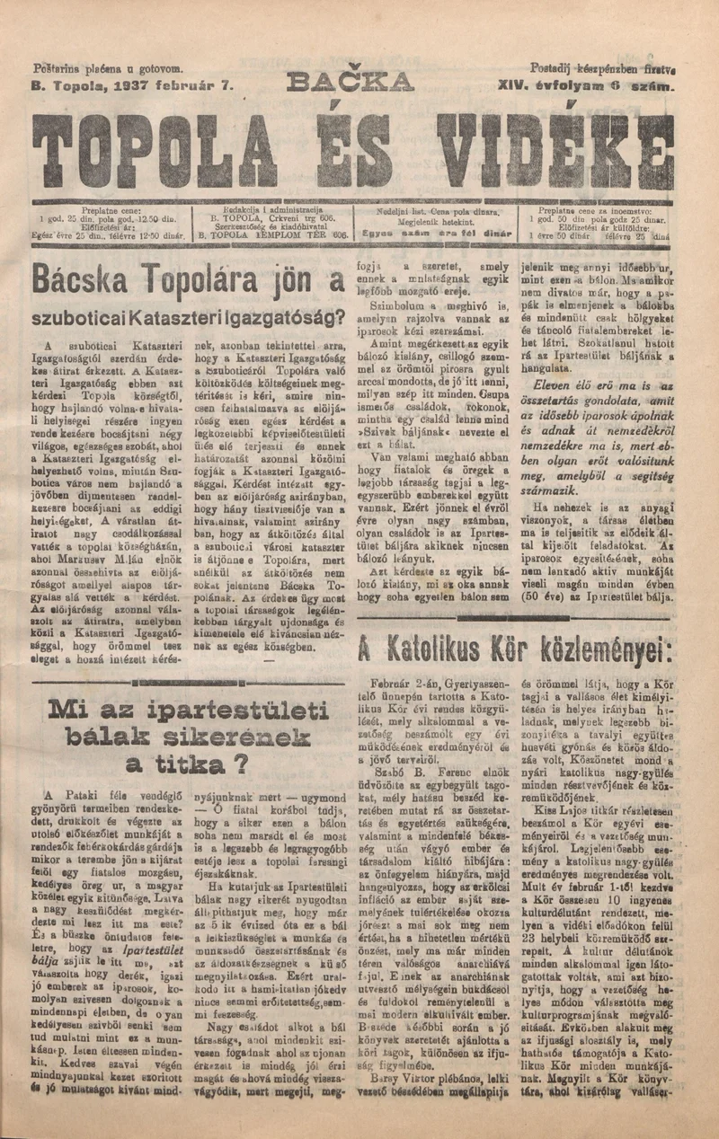 Bačka Topola és Vidéke, 14. évf. 1937. február 7. 6. sz.