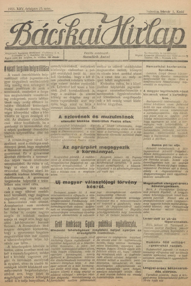 Bácskai Hirlap, 25. évf. 1921. február 1. 25. sz.
