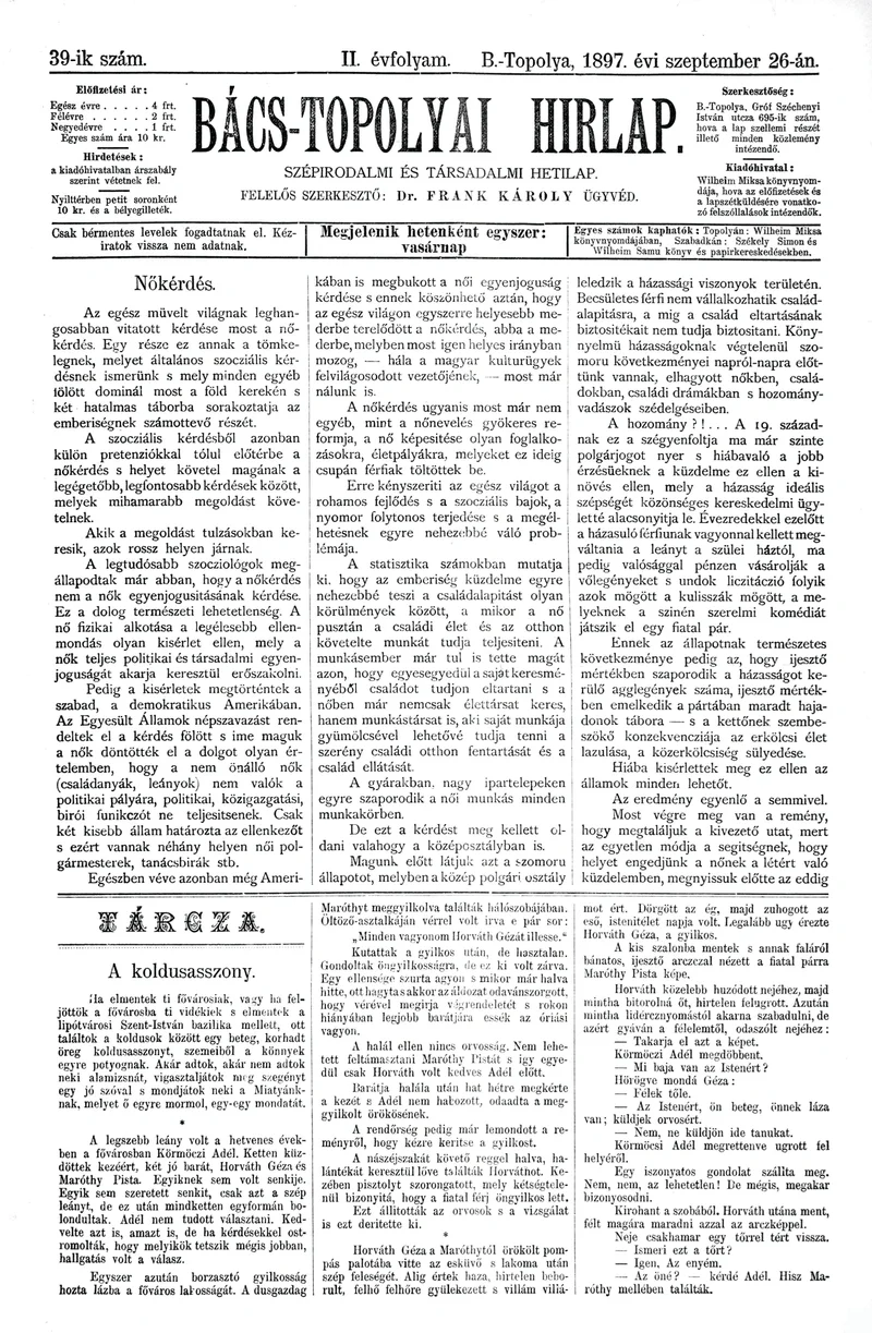 Bács-Topolyai Hirlap, 2. évf. 1897. szeptember 26. 39. sz.