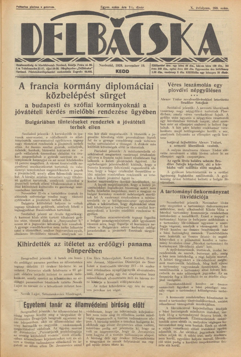 Délbácska, 10. évf. 1929. november 19. 269. sz.