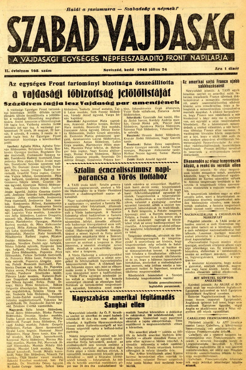 Szabad Vajdaság, 2. évf. 1945. július 24. 168. sz.
