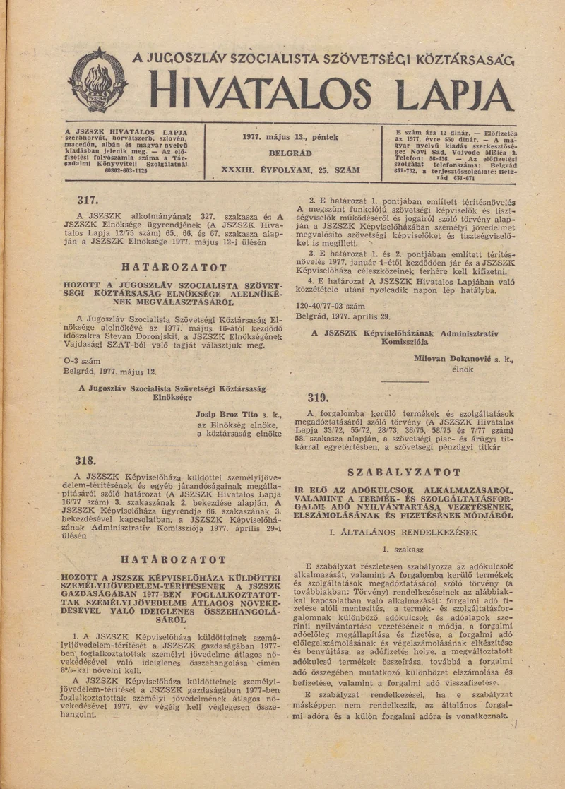 A Jugoszláv Szocialista Szövetségi Köztársaság Hivatalos Lapja, 33. évf. 1977. május 13. 25. sz. 1085–1132. oldal