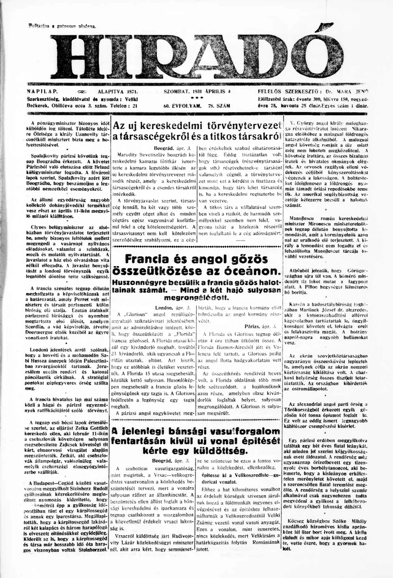 Híradó, 60. évf. 1931. április 4. 78. sz.