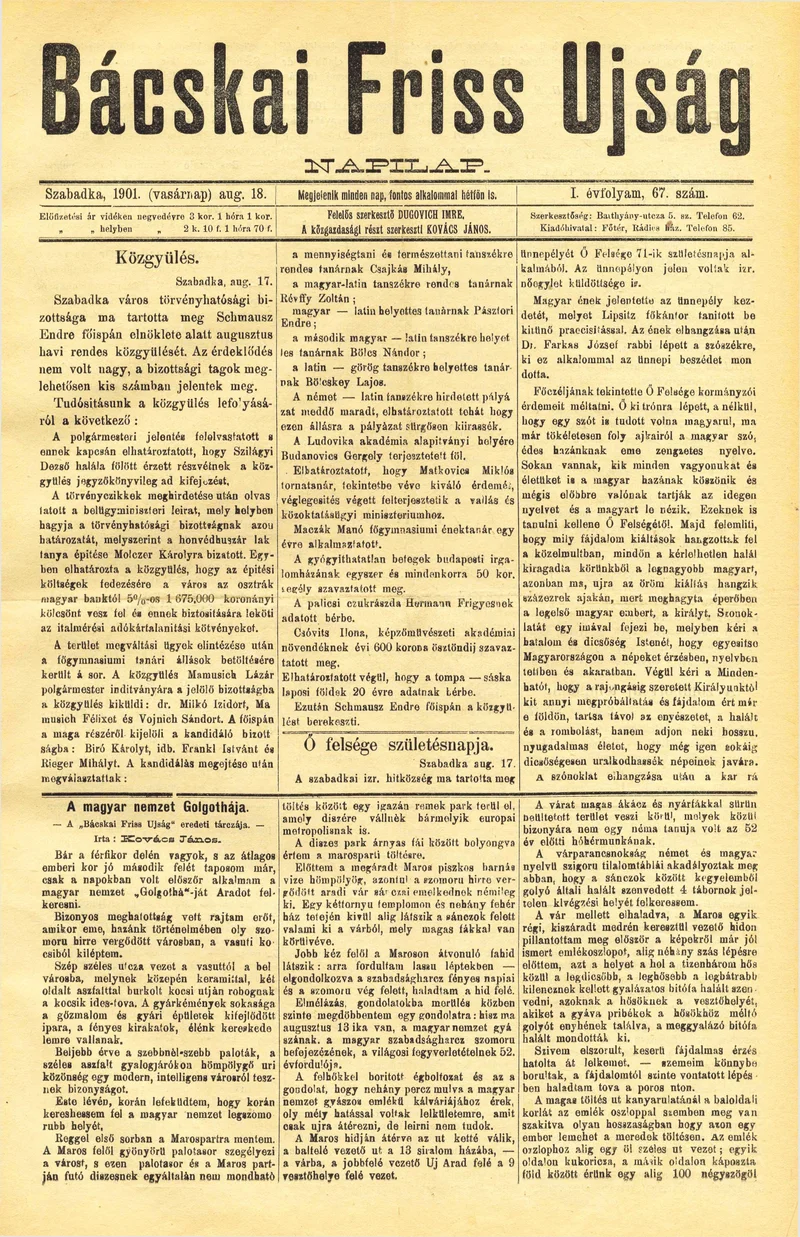 Bácskai Friss Ujság, 1. évf. 1901. augusztus 18. 67. sz.