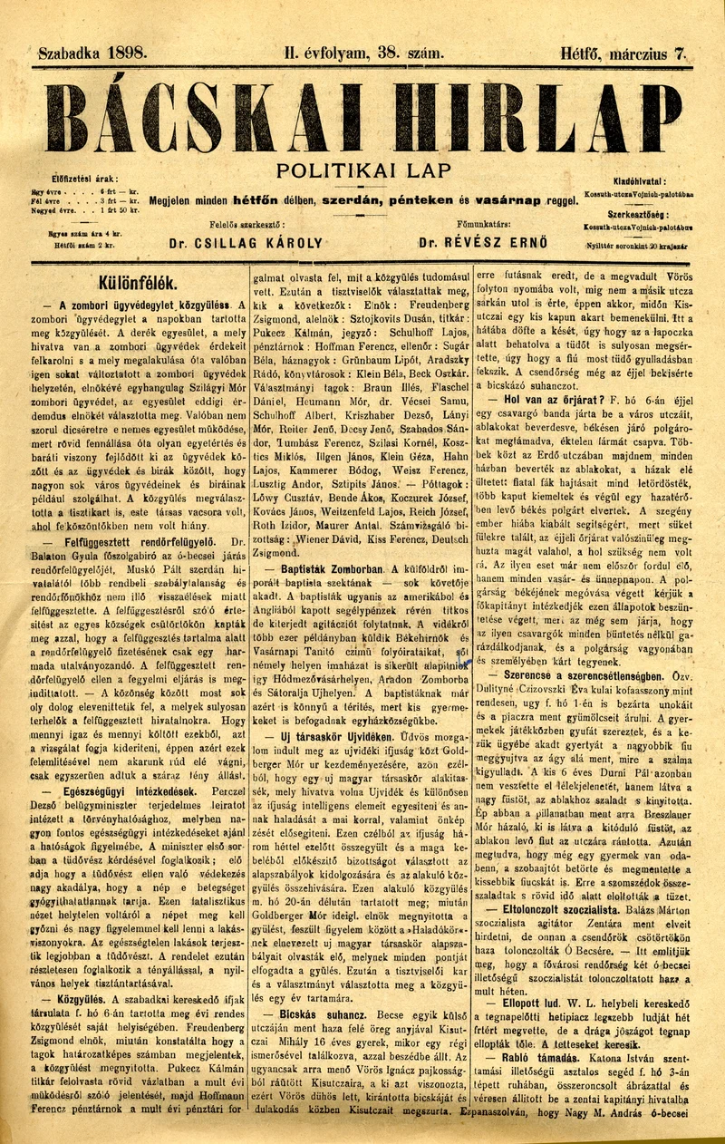 Bácskai Hirlap, 2. évf. 1898. március 7. 38. sz. 1–2. oldal