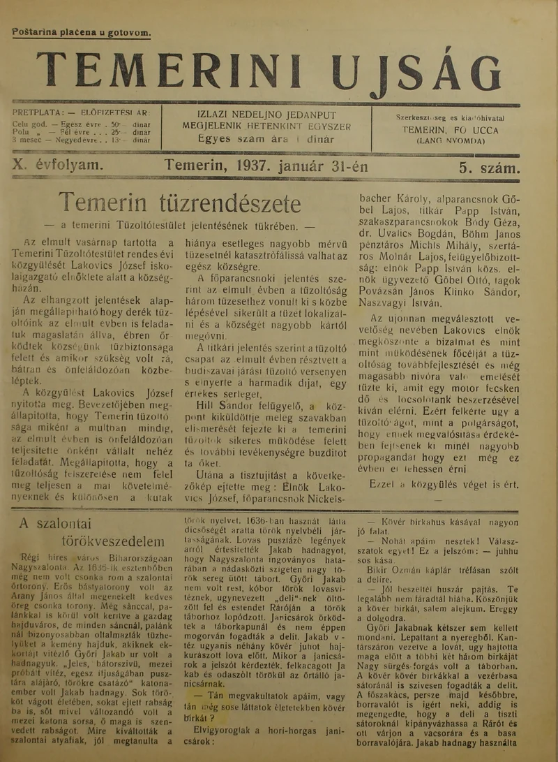 Temerini Újság 1928-1944, 10. évf. 1937. január 31. 5. sz.