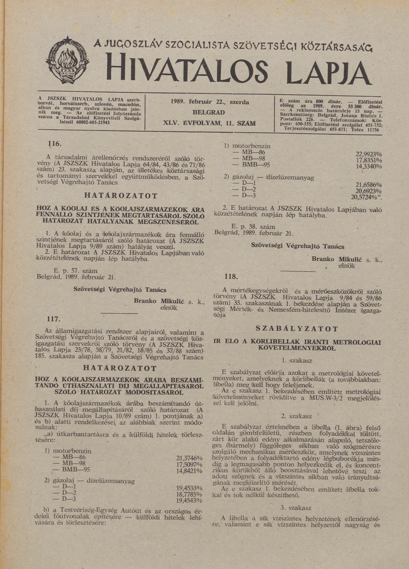 A Jugoszláv Szocialista Szövetségi Köztársaság Hivatalos Lapja, 45. évf. 1989. február 22. 11. sz. 273–276. oldal
