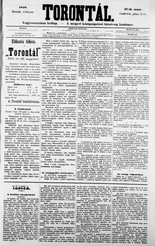 Torontál, 7. évf. 1878. július 4. 27. sz.