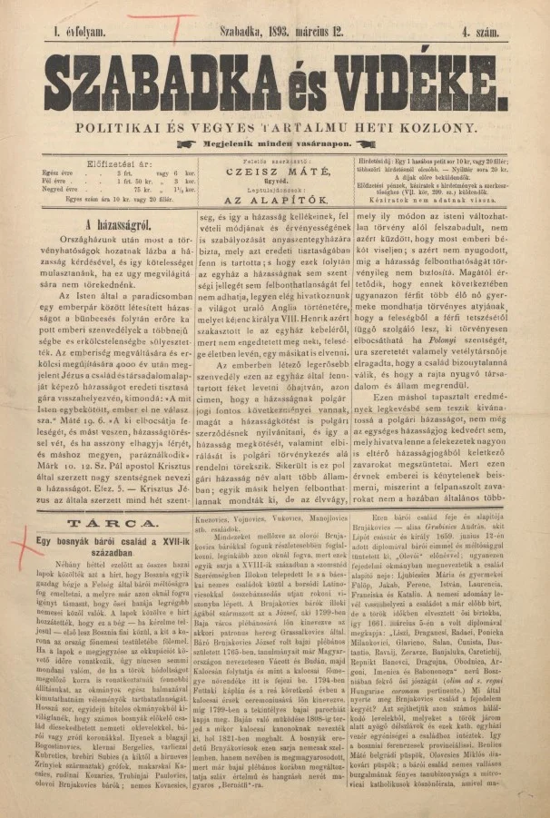 Szabadka és vidéke II, 1. évf. 1893. március 12. 4. sz.