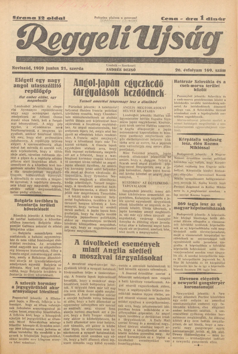 Reggeli Újság, 20. évf. 1939. június 21. 169. sz.