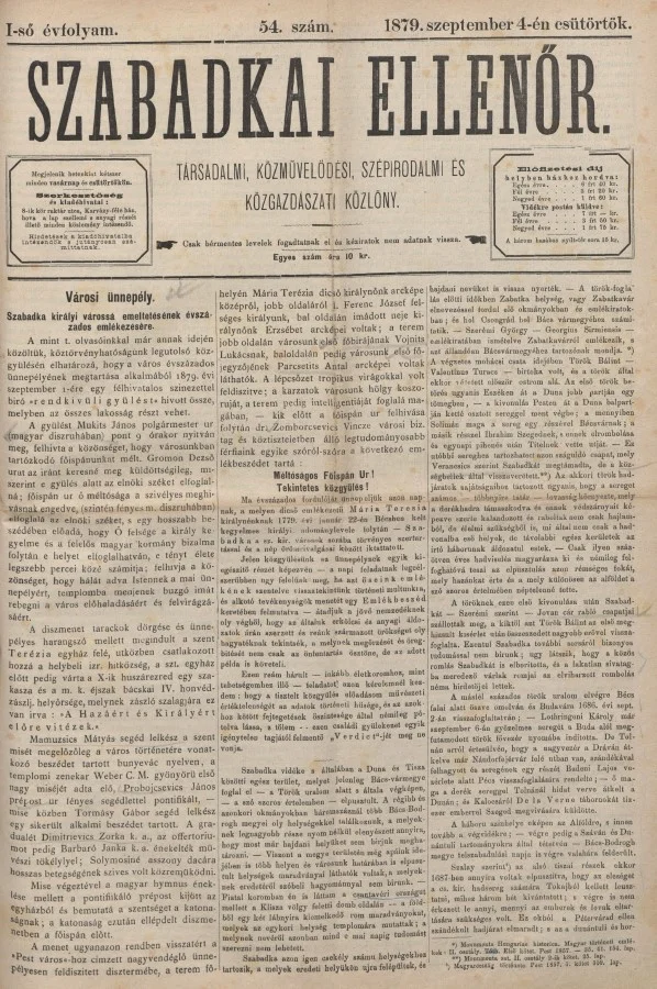 Szabadkai Ellenőr, 1. évf. 1879. szeptember 4. 54. sz.