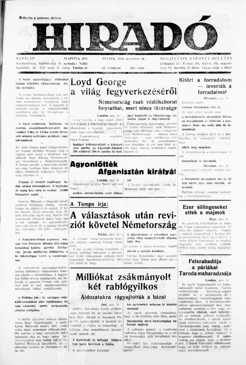 Híradó, 62. évf. 1933. november 10. 264. sz.