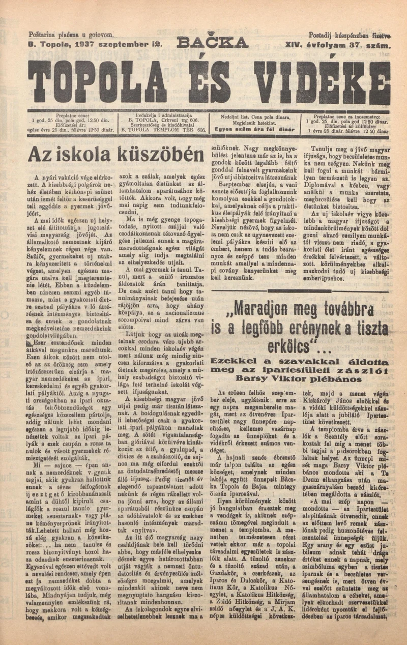 Bačka Topola és Vidéke, 14. évf. 1937. szeptember 12. 37. sz.