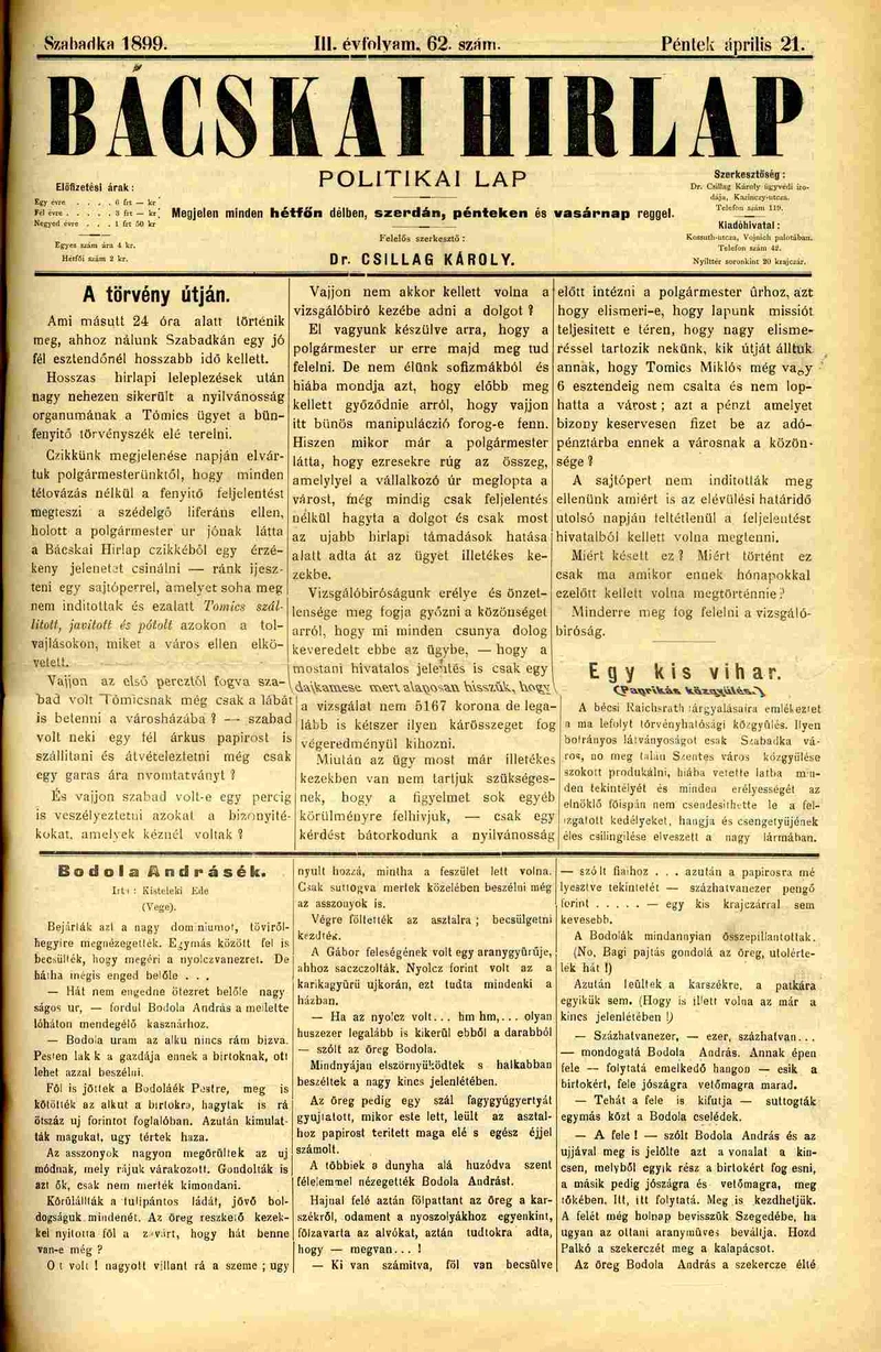 Bácskai Hirlap, 3. évf. 1899. április 21. 62. sz.
