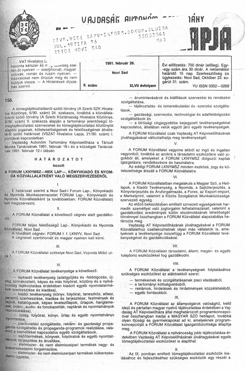Vajdaság Szocialista Autonóm Tartomány Hivatalos Lapja, 47. évf. 1991. február 26. 6. sz.
