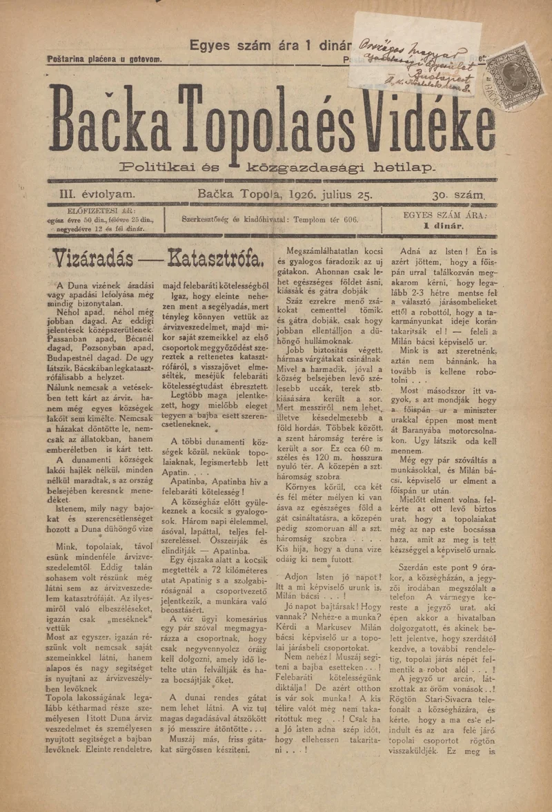 Bačka Topola és Vidéke, 3. évf. 1926. július 25. 30. sz.