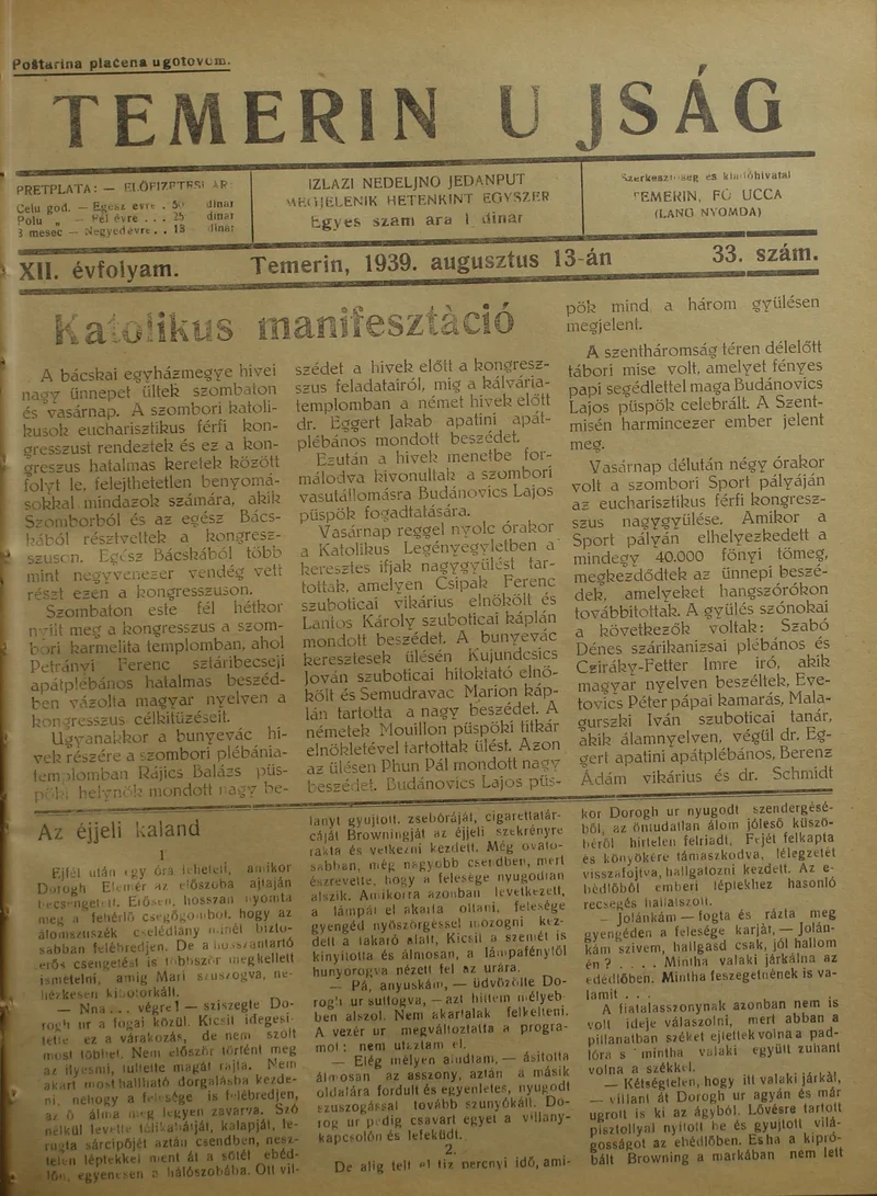 Temerini Újság 1928-1944, 12. évf. 1939. augusztus 13. 33. sz.