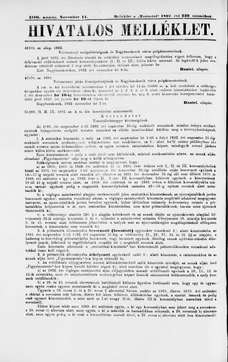 A Totontál  hivatalos melléklete, 5. évf. 1892. november 11. 198. sz.