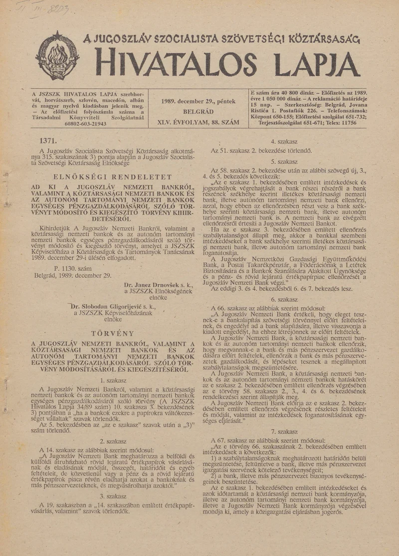 A Jugoszláv Szocialista Szövetségi Köztársaság Hivatalos Lapja, 45. évf. 1989. december 29. 88. sz. 2141–2196. oldal