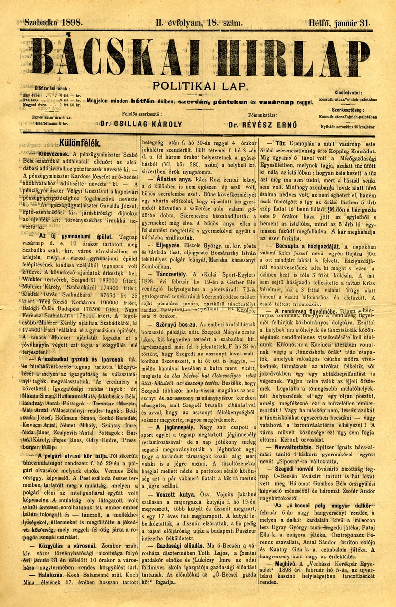 Bácskai Hirlap, 2. évf. 1898. január 31. 18. sz. 1–2. oldal