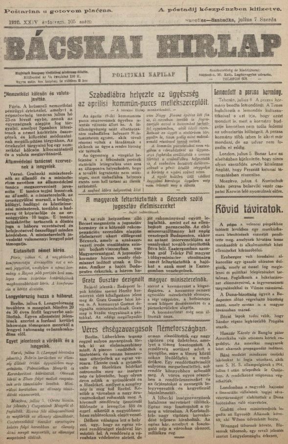 Bácskai Hirlap, 24. évf. 1920. július 7. 105. sz.