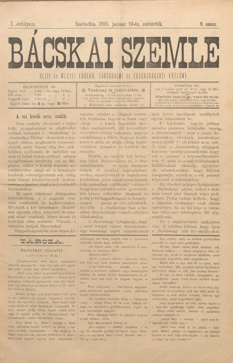 Bácskai Szemle, 1. évf. 1893. január 19. 6. sz.