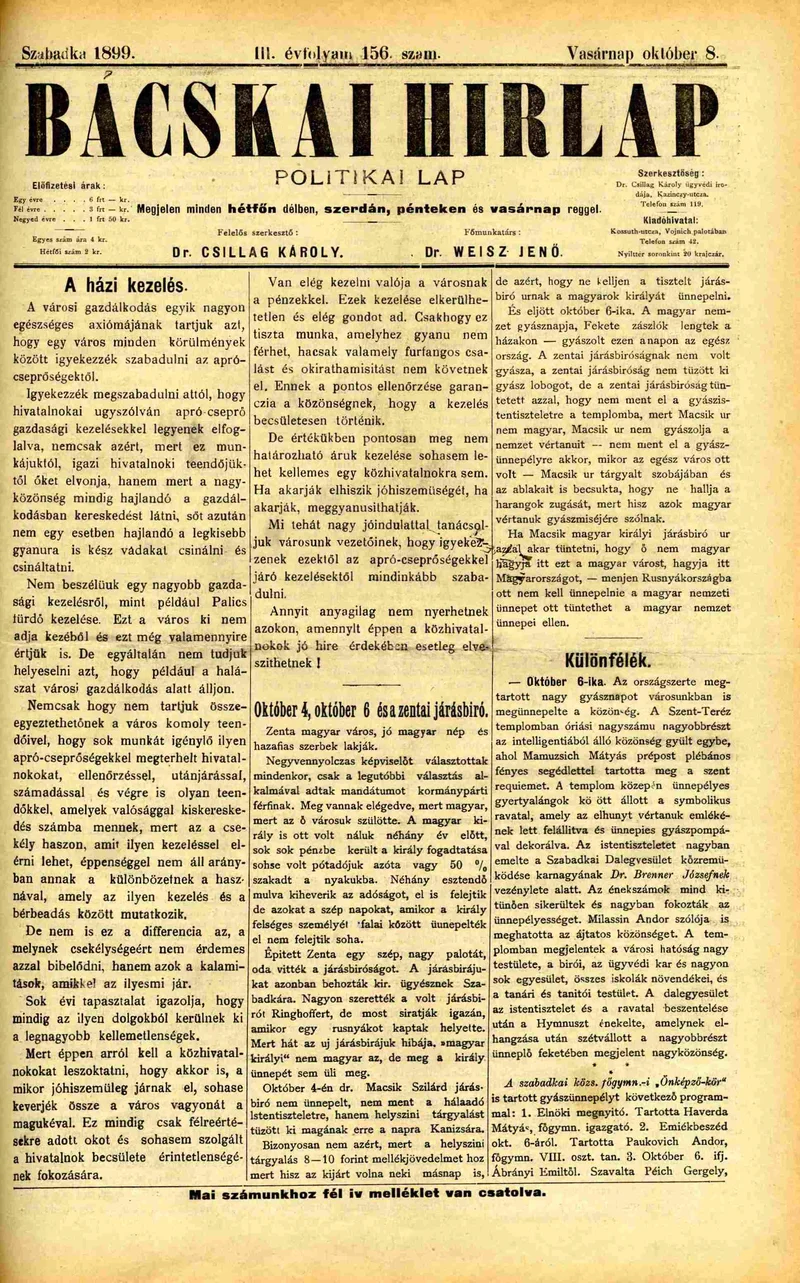Bácskai Hirlap, 3. évf. 1899. október 8. 156. sz.